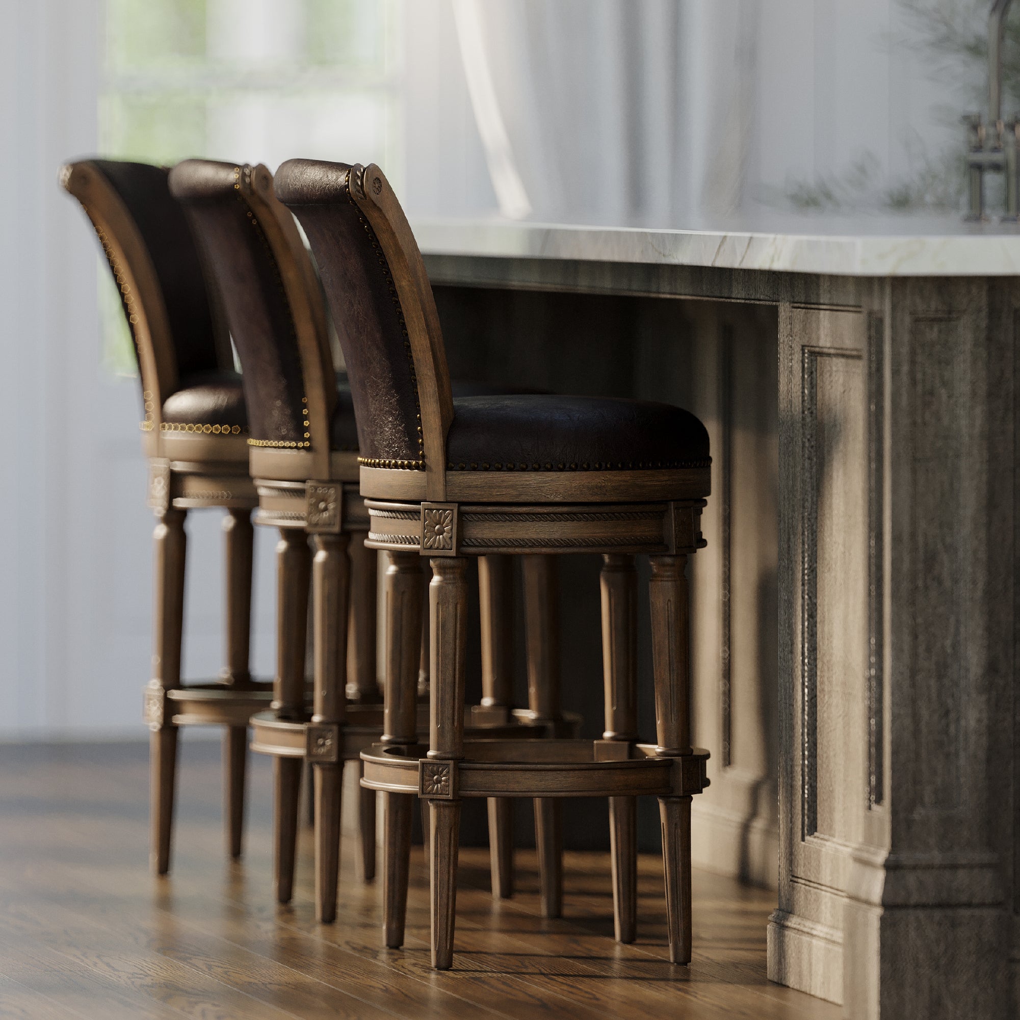 Maven Lane Bar Stool in Walnut Finish w/Marksman Saddle Vegan Leather (Used) - VMInnovations