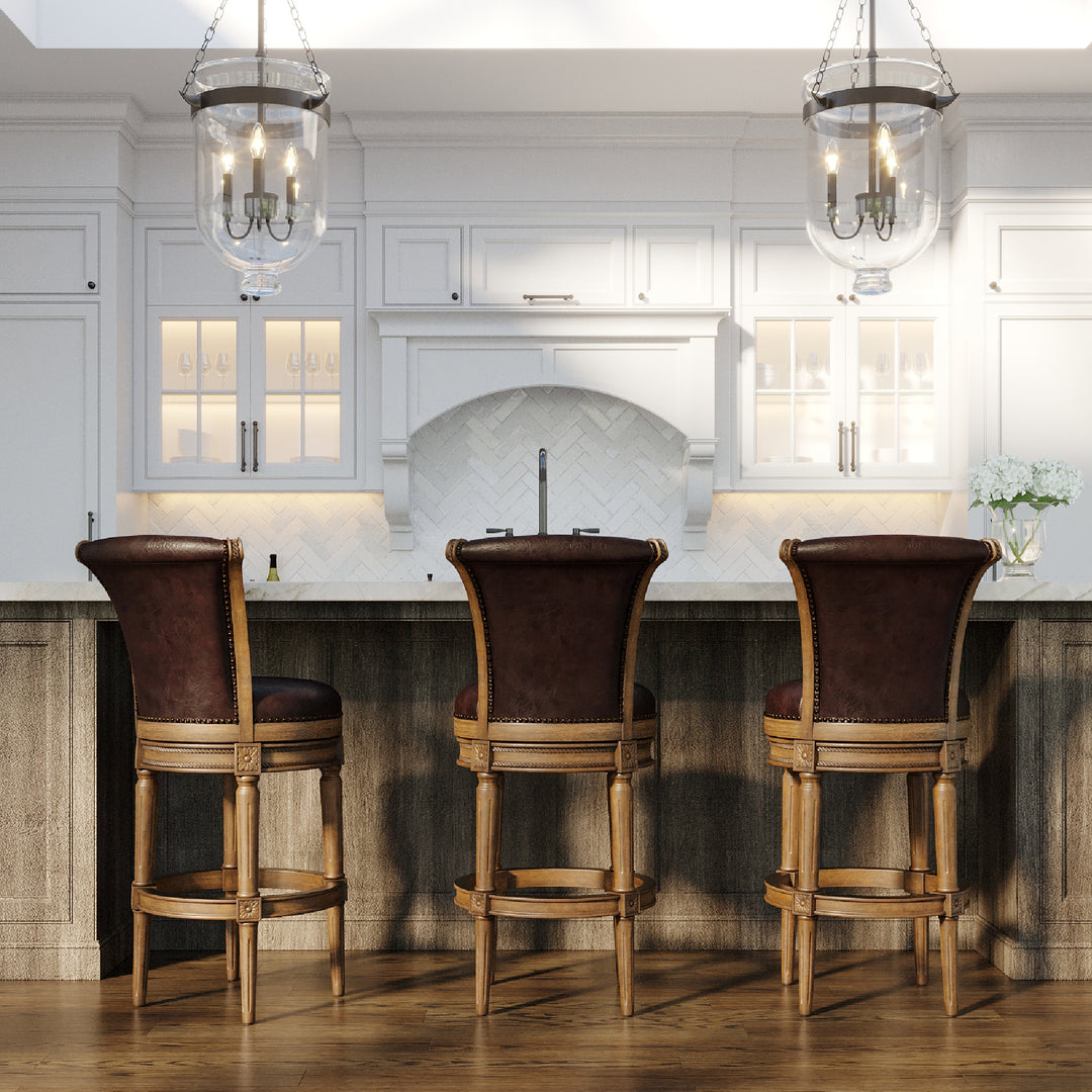 Maven Lane Bar Stool in Walnut Finish w/Marksman Saddle Vegan Leather (Used) - VMInnovations