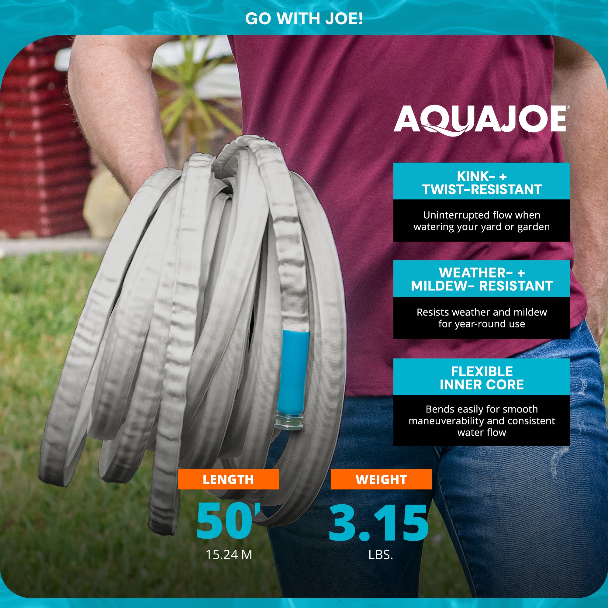 Aqua Joe Xtreme FiberJacket Garden Hose, Kink-Resistant, 50' x 1/2" (Used)