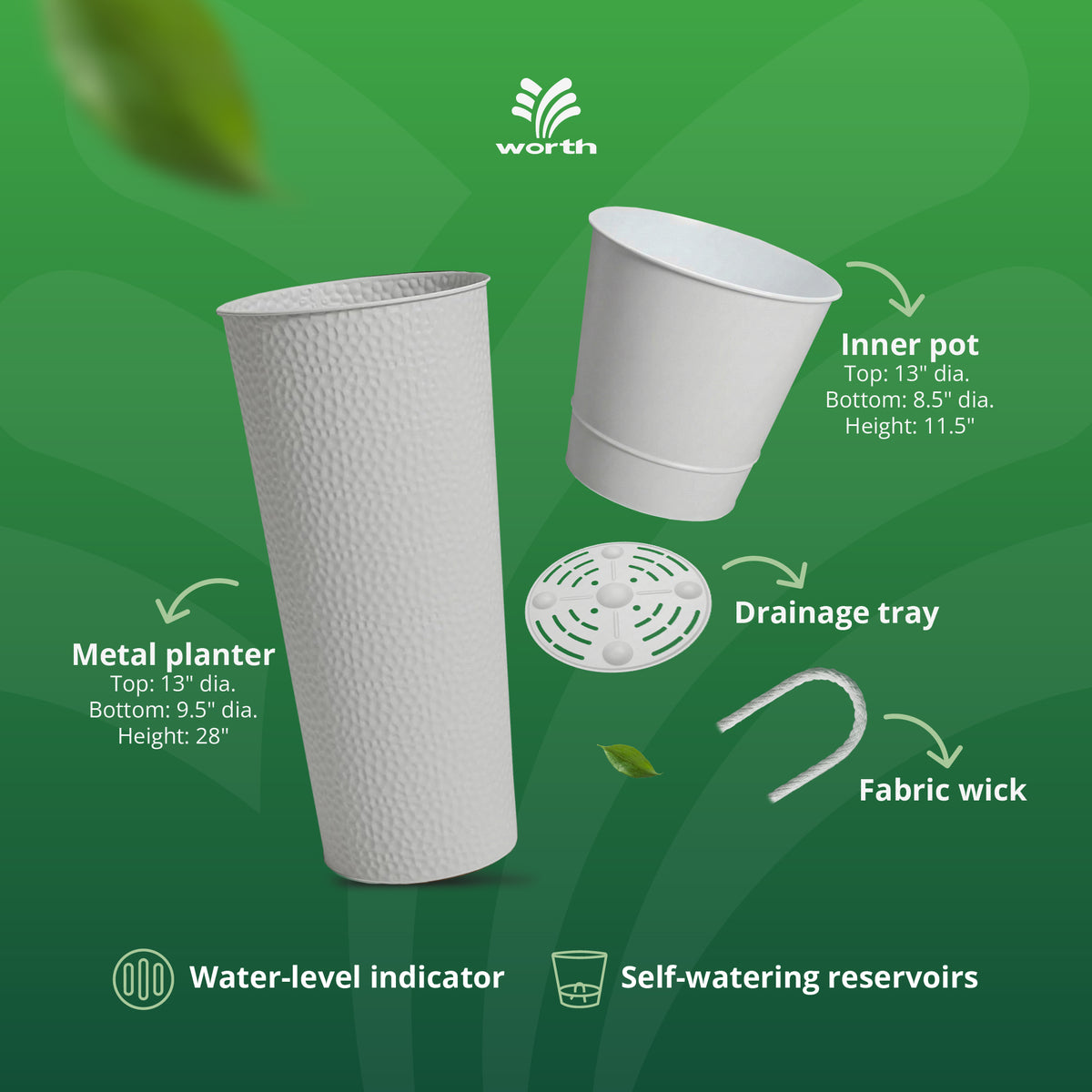 Worth 2 Pack 28" Metal Planter with Inside Pot for Indoors or Outdoors(Open Box)