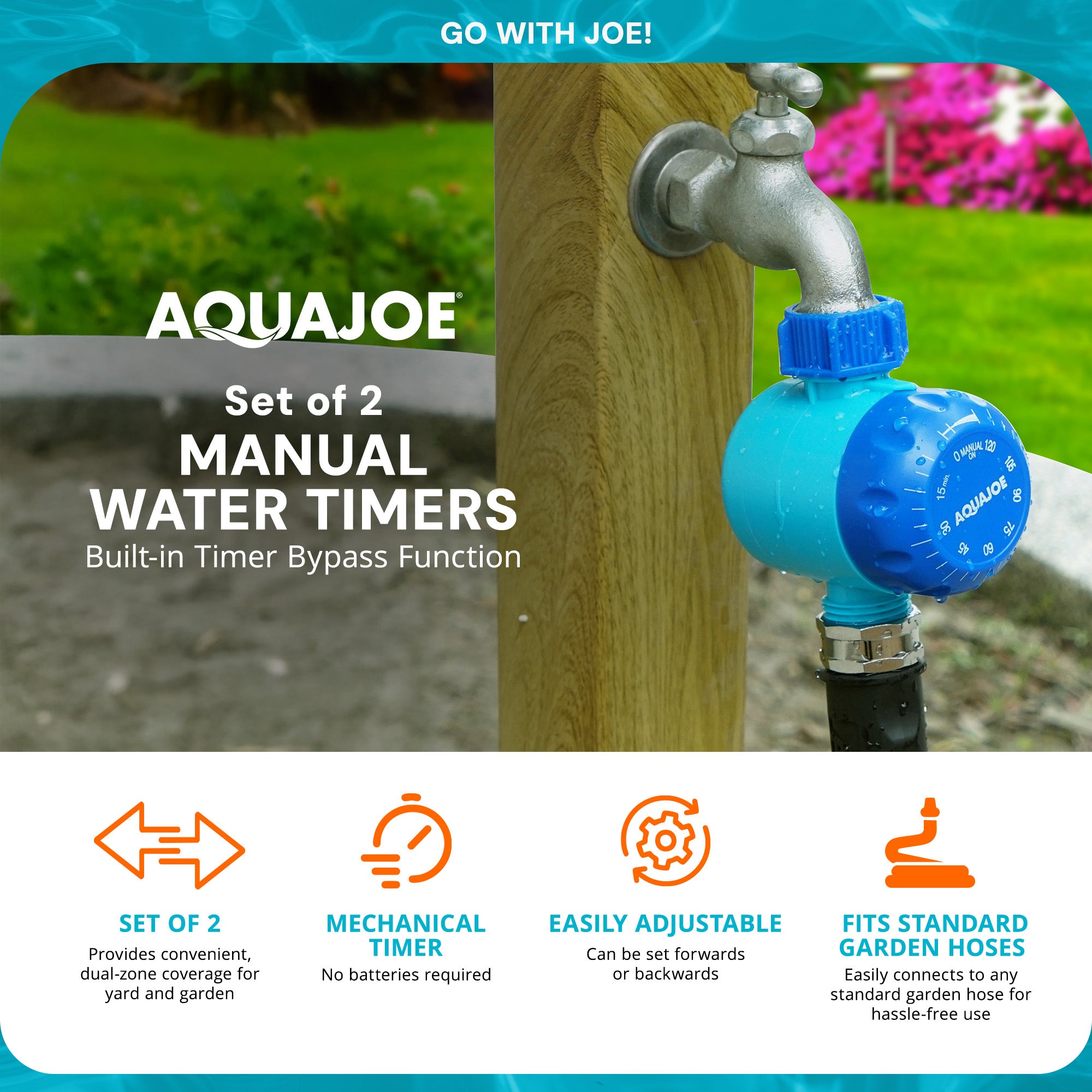 Aqua Joe 2 Pack Mechanical Hose Timer, 2-Hour Max, Manual Bypass, AJ-WTX2