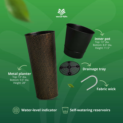 Worth 2 Pack 28" Metal Planter with Inside Pot for Indoors or Outdoors, Bronze