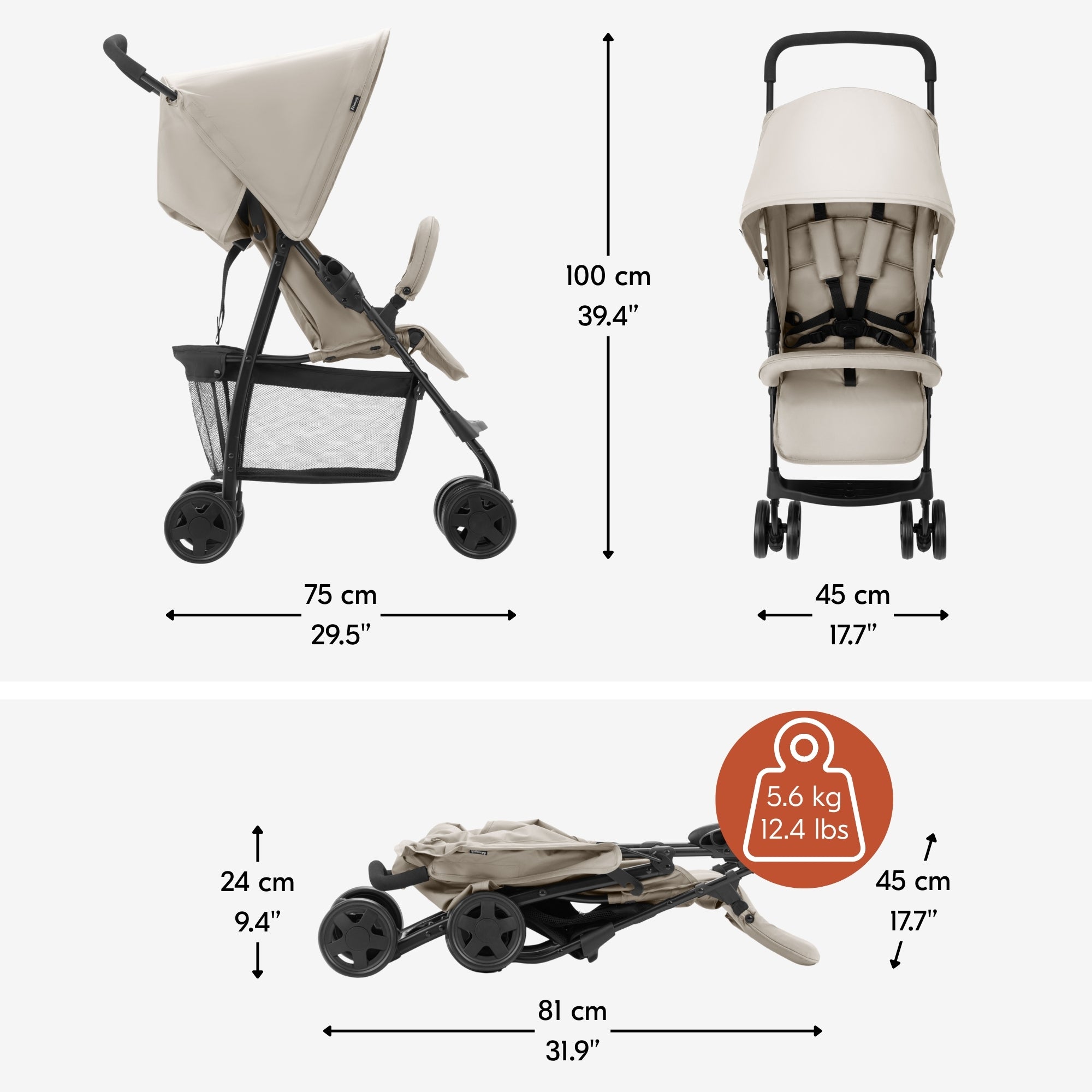 hauck Sport T13 Lightweight Compact and Foldable Stroller, Push Chair, Beige