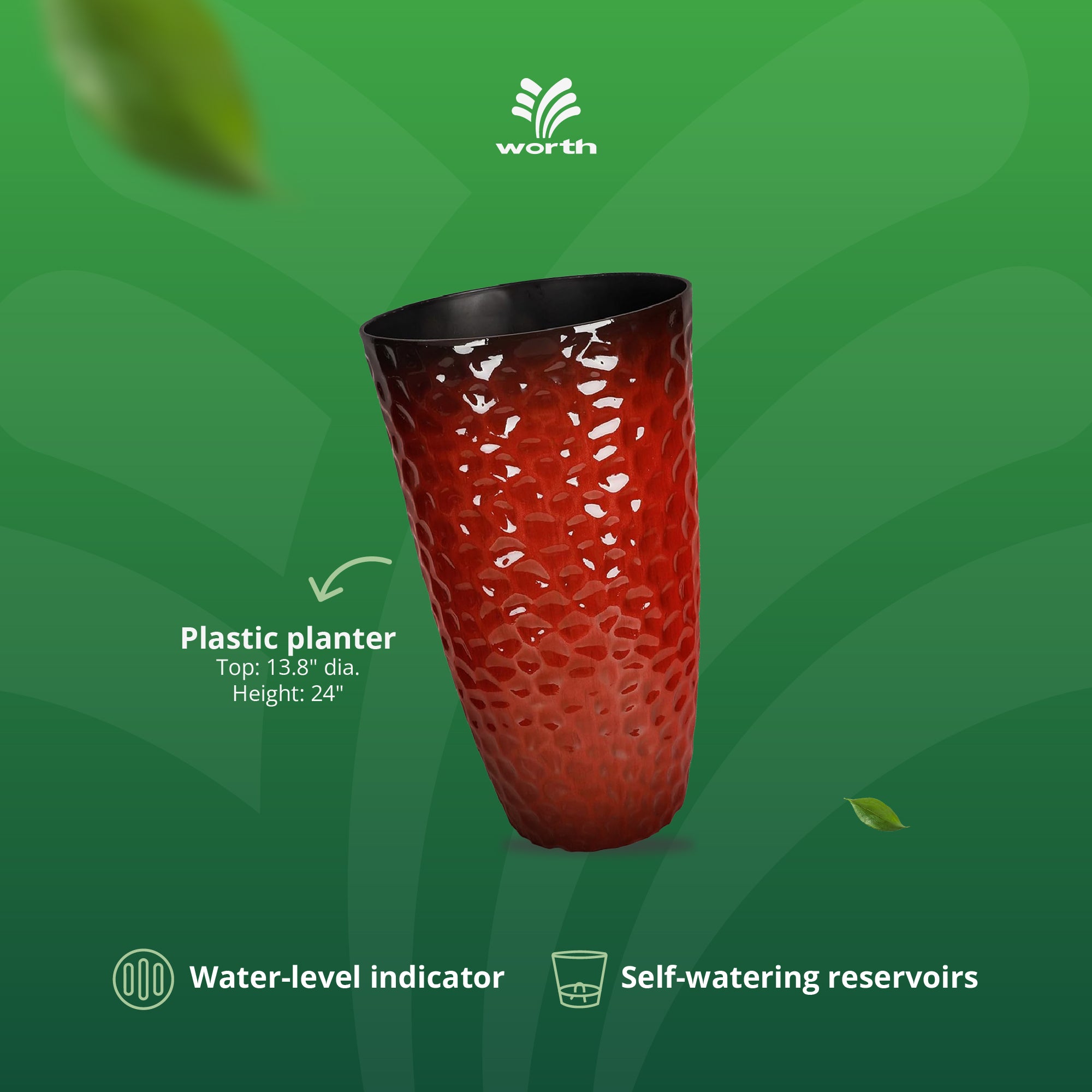Worth 2 Pack 24" Tall Large Round Plastic Planter with Drainage Hole, Glossy Red - VMInnovations