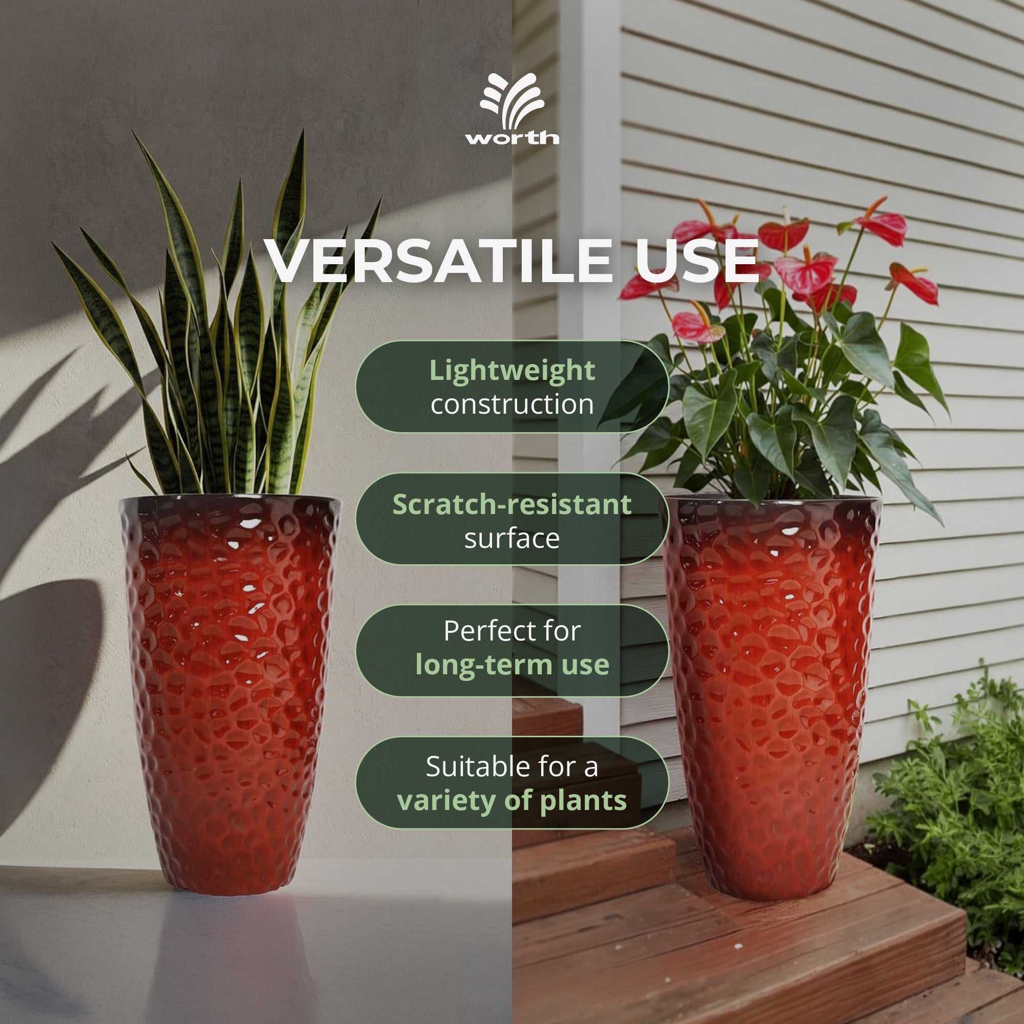 Worth 2 Pack 24" Tall Large Round Plastic Planter with Drainage Hole, Glossy Red - VMInnovations