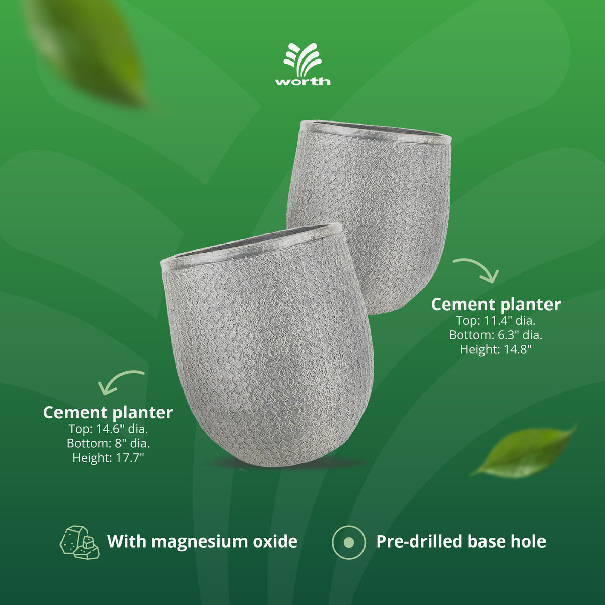 Worth 12" Round Planter, Lightweight Magnesium Oxide Cement Plant Pot (Open Box)