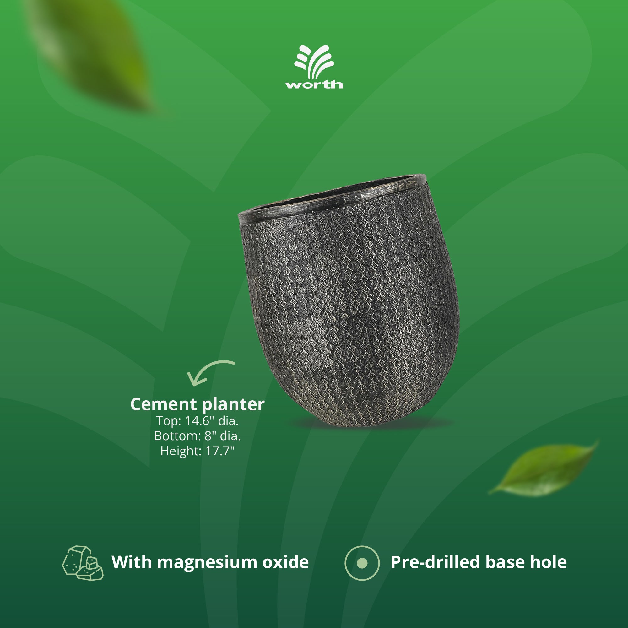 Worth 14.5" Round Planter, Lightweight Magnesium Oxide Cement Plant Pot, Black - VMInnovations