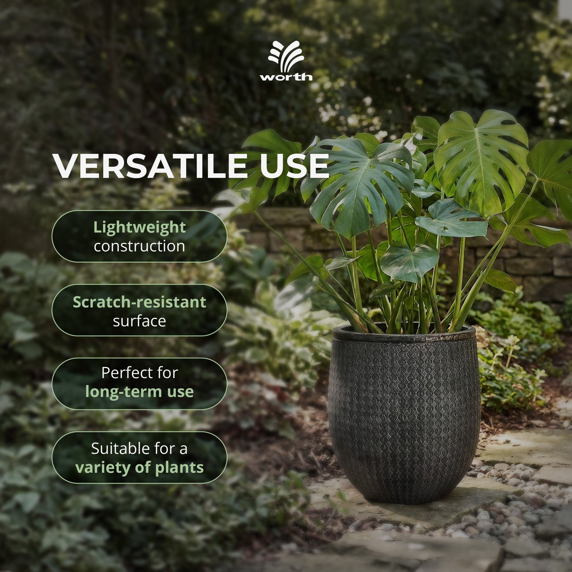 Worth 14.5" Round Planter, Lightweight Magnesium Oxide Cement Plant Pot, Black - VMInnovations