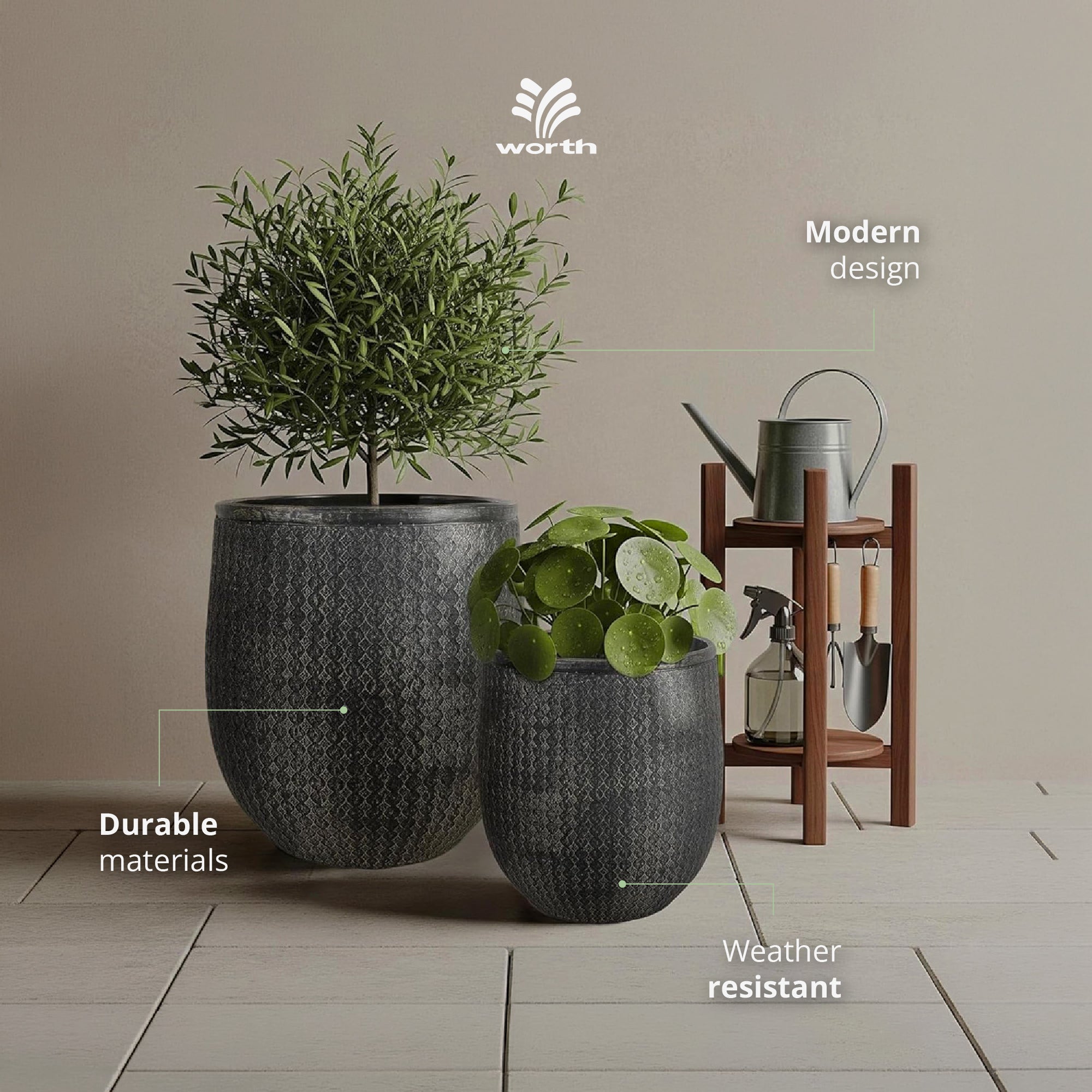 Worth 12" and 14.5" Round Planters, Magnesium Oxide Cement Plant Pots, Black - VMInnovations