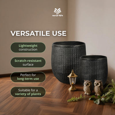 Worth 12" and 14.5" Round Planters, Magnesium Oxide Cement Plant Pots, Black - VMInnovations