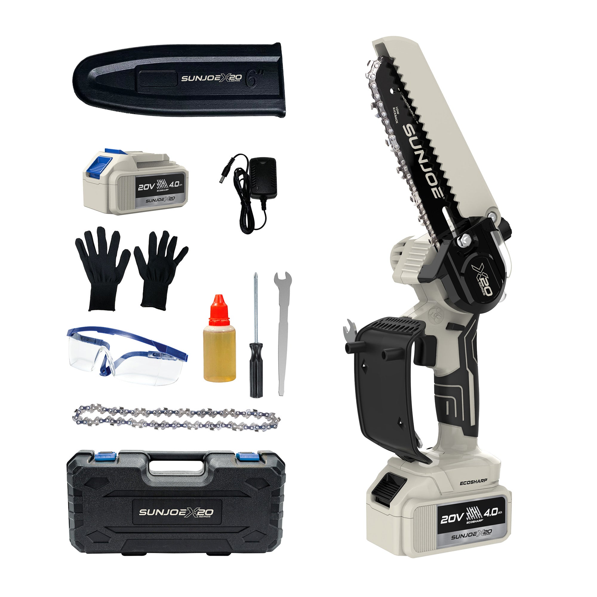 Sun Joe 20V ECOSHARP UL Certified Cordless Mini Chainsaw, 6-Inch Self-Lubricating Handheld Chainsaw with Safety Lock Button & Saw Guard, 4000mAh Battery & Charger, Tree Trimming, Black, X20-SAW-4A-BLK