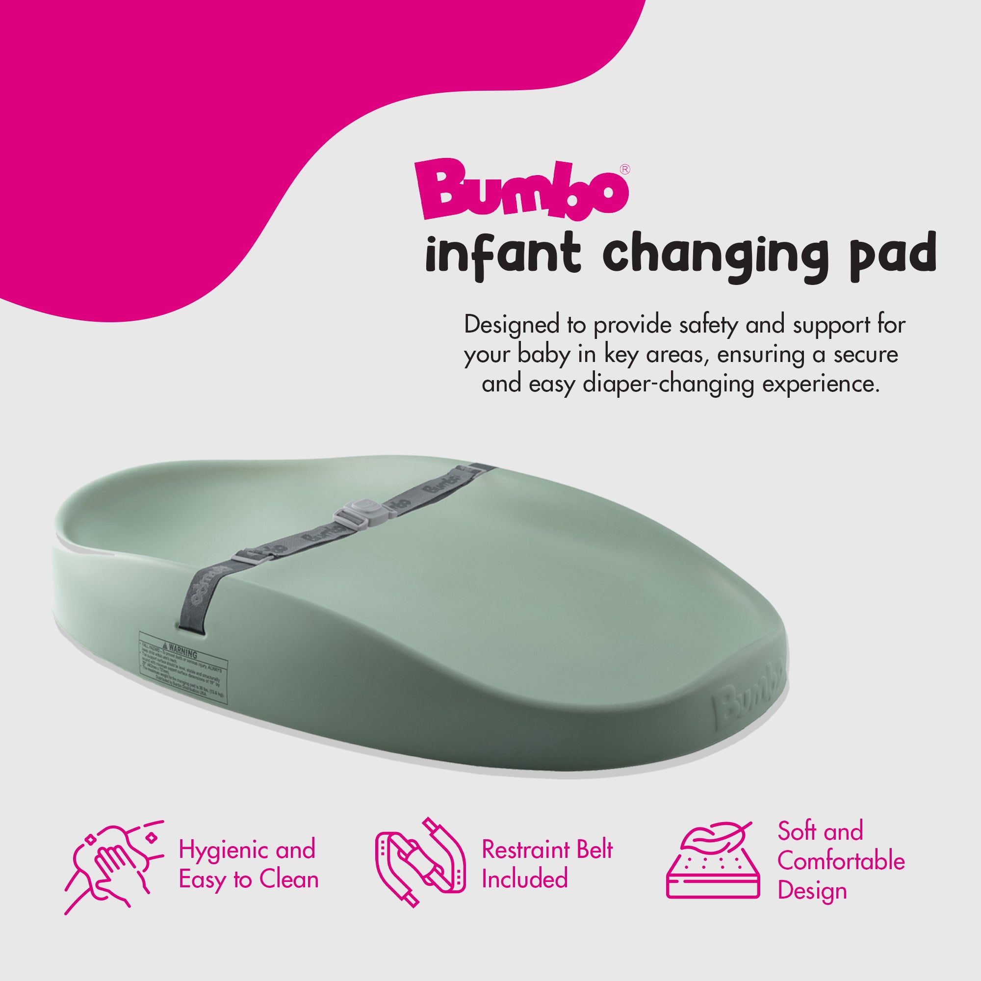Bumbo Diaper Changing Pad, Ergonomic Baby Changing Mat with Safety Belt, Hemlock - VMInnovations