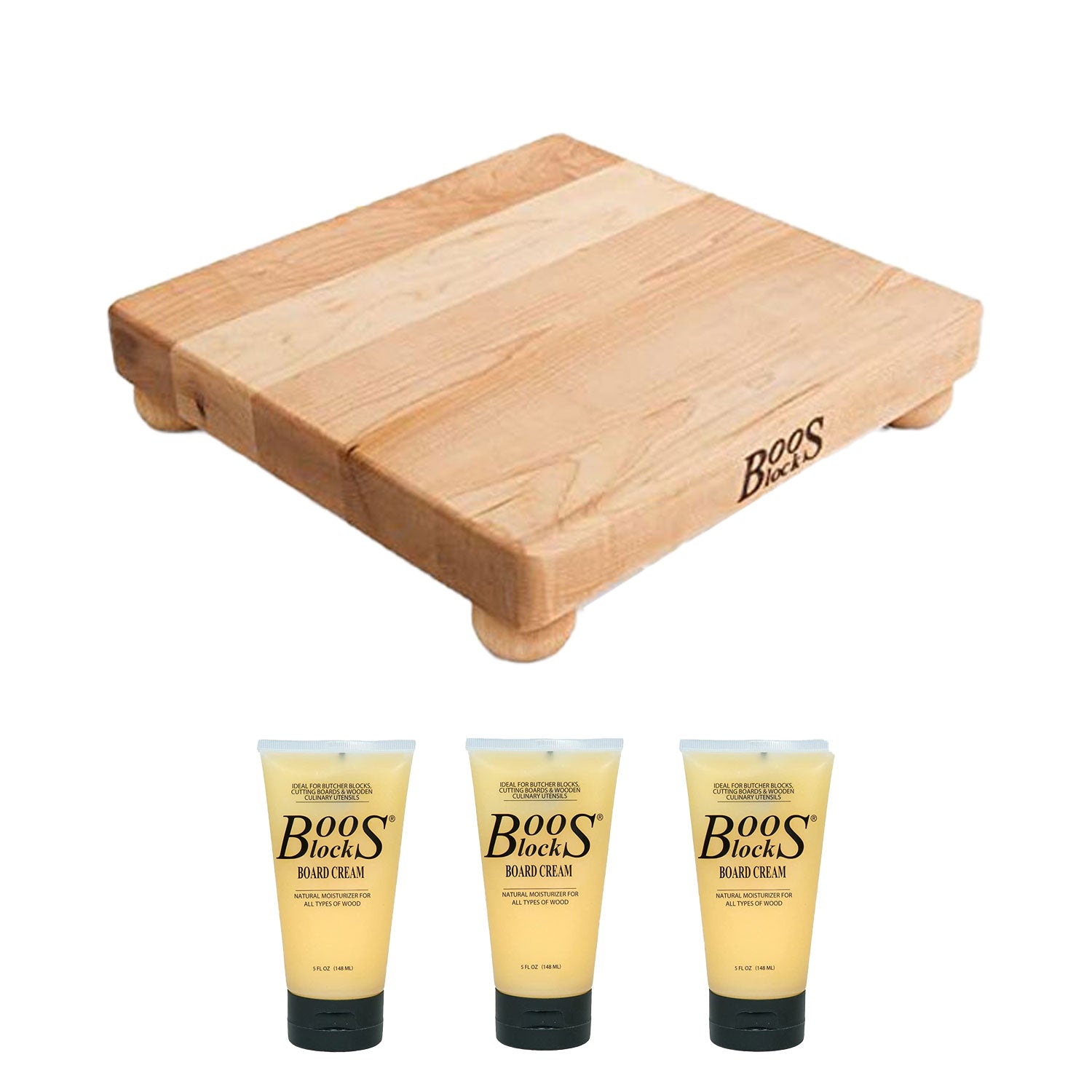 John Boos Maple Wood 12 Inch Cutting Board with Feet & Care Cream, 5 Oz (3 Pack)