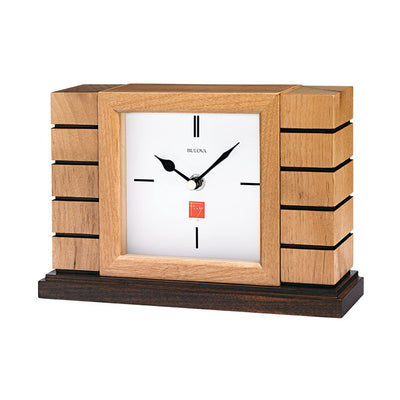 Bulova Clocks B1659 Usonian II Mantel Clock, Natural Finish w/ Walnut Stain Base