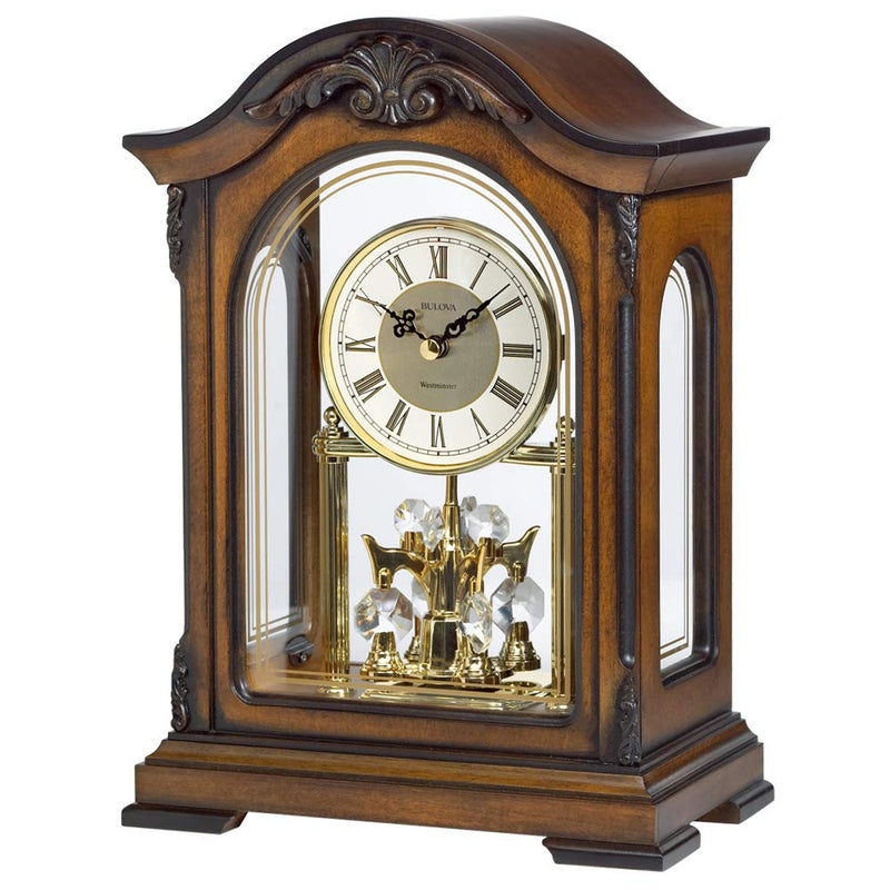 Bulova Clock Walnut Wood and Glass Revolving Pendulum Clock, Brown (Open Box)