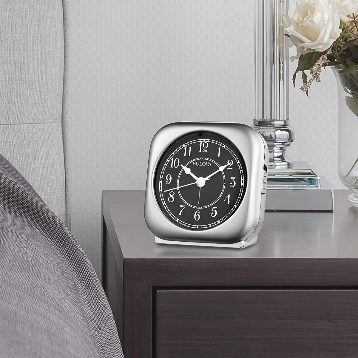 Bulova Clocks Knight Non Ticking Movement Alarm Clock, Silver Tone (Open Box)