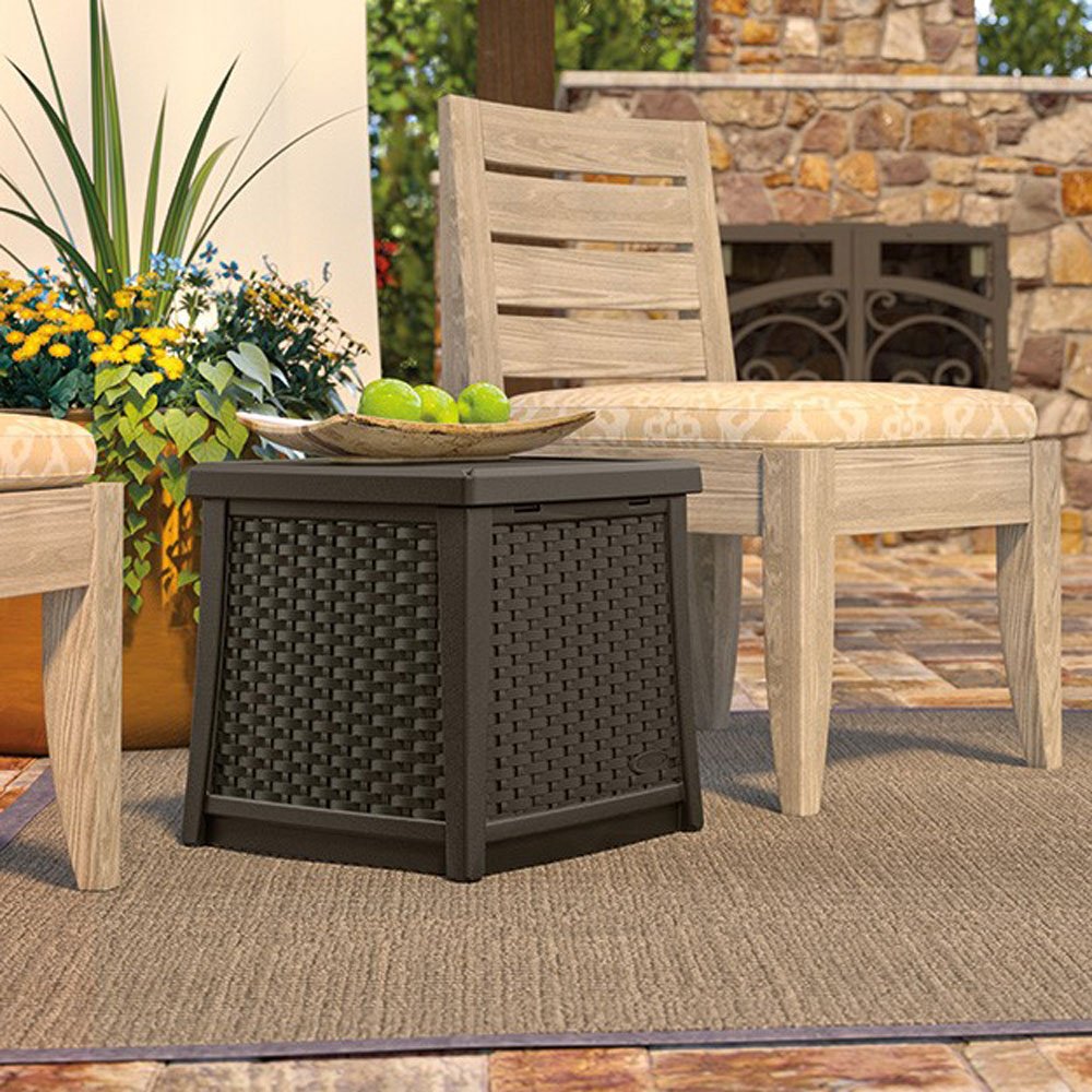 Suncast 13-Gallon Patio End Table w/ Storage w/ Suncast Loveseat w/ Storage