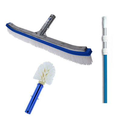 Blue Devil 18 Inch Pool Brush + 5 to 15 Foot Pole + Corner and Step Brush