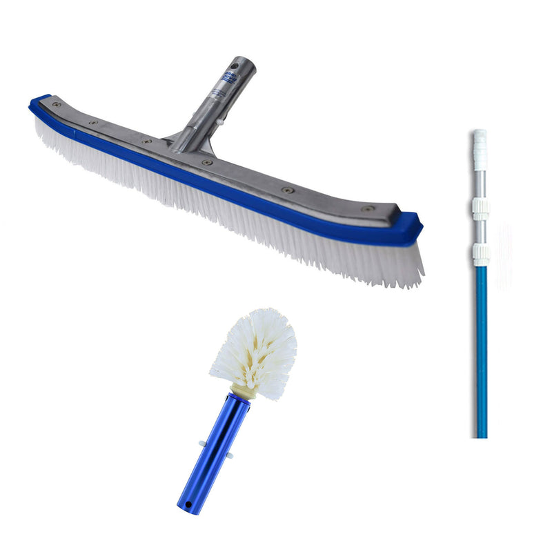 Blue Devil 18 Inch Pool Brush + 7 to 21 Foot Pole + Corner and Step Brush