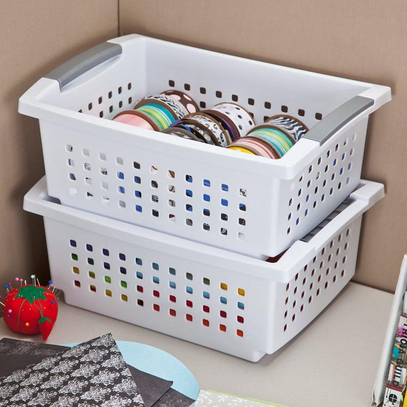 Sterilite Large Plastic Stackable Storage & Organization Basket, White (10 Pack)