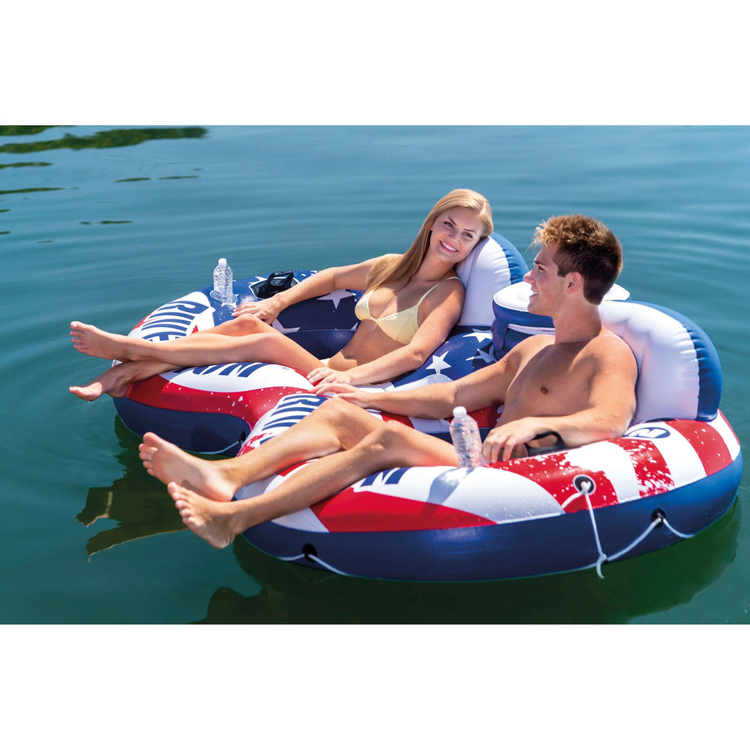 Intex American Flag 2 Person Pool Tube Float with Cooler Bundled with Air Pump