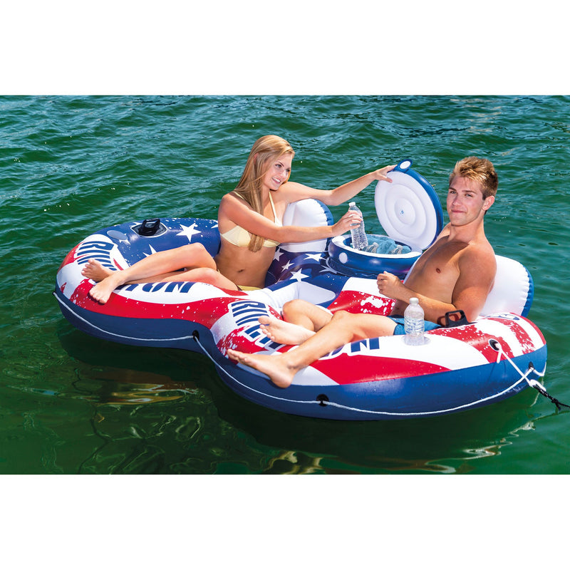 American Flag Inflatable 2 Person Tube Bundled w/ Inflatable Mega Cooler Float