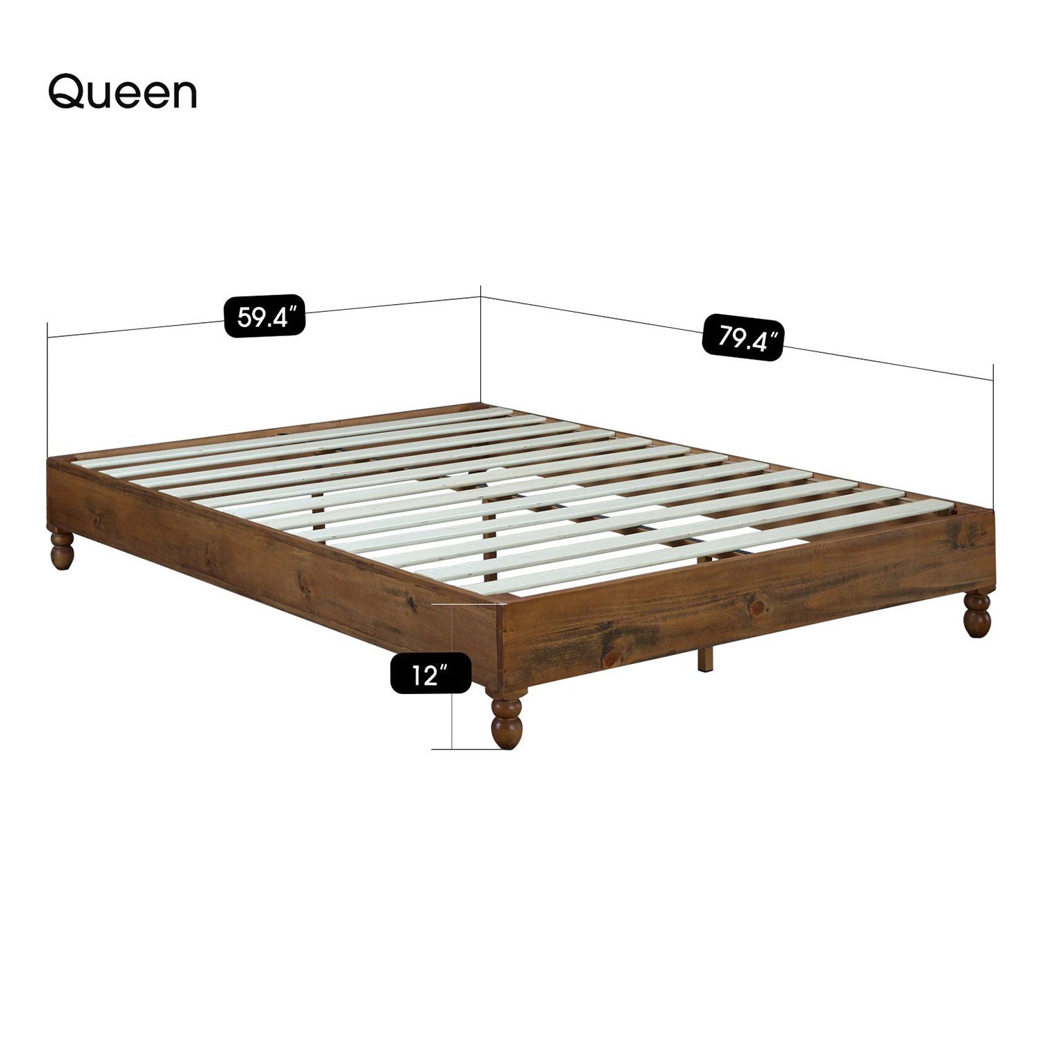 MUSEHOMEINC 12" Solid Pine Wood Platform Frame w/ Wooden Slats, Queen (Open Box) - VMInnovations
