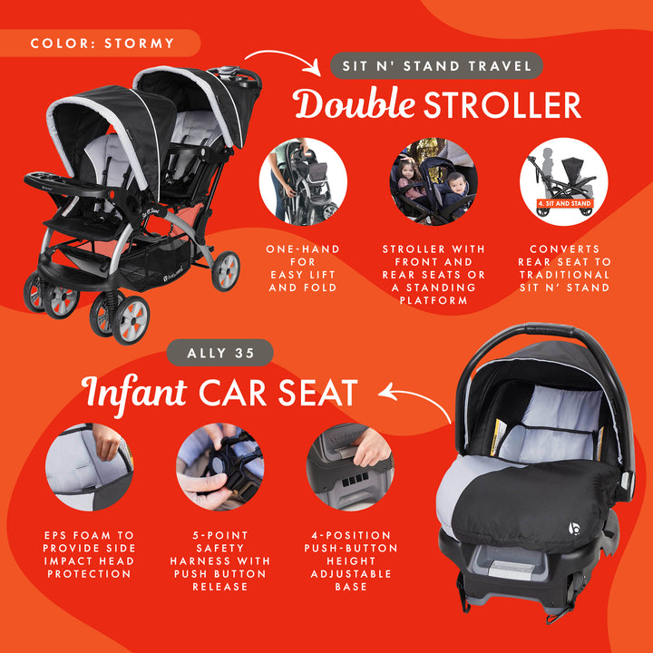 Baby Trend Sit N Stand Baby Double Stroller and 2 Infant Car Seat Combo, Stormy