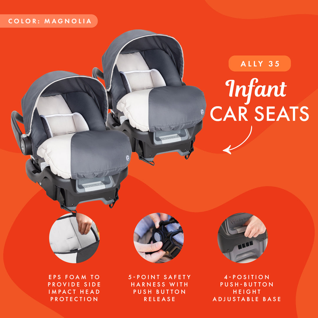 Baby Trend Ally Adjustable 35 Pound Infant Baby Car Seat w/ Base, Gray (2 Pack)