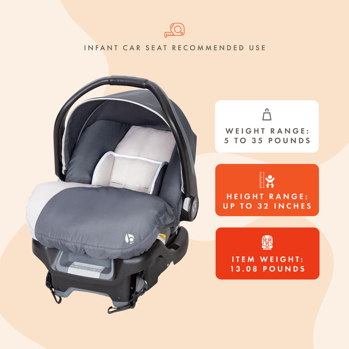 Baby Trend Ally Adjustable 35 Pound Infant Baby Car Seat w/ Base, Gray (2 Pack)