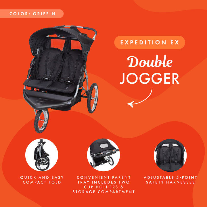 Baby Trend Expedition EX Swivel Travel Jogging Double Baby Stroller, Griffin