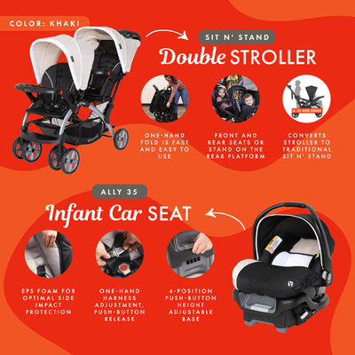 Baby Trend Sit N Stand Baby Double Stroller and 2 Infant Car Seat Combo, Khaki - VMInnovations