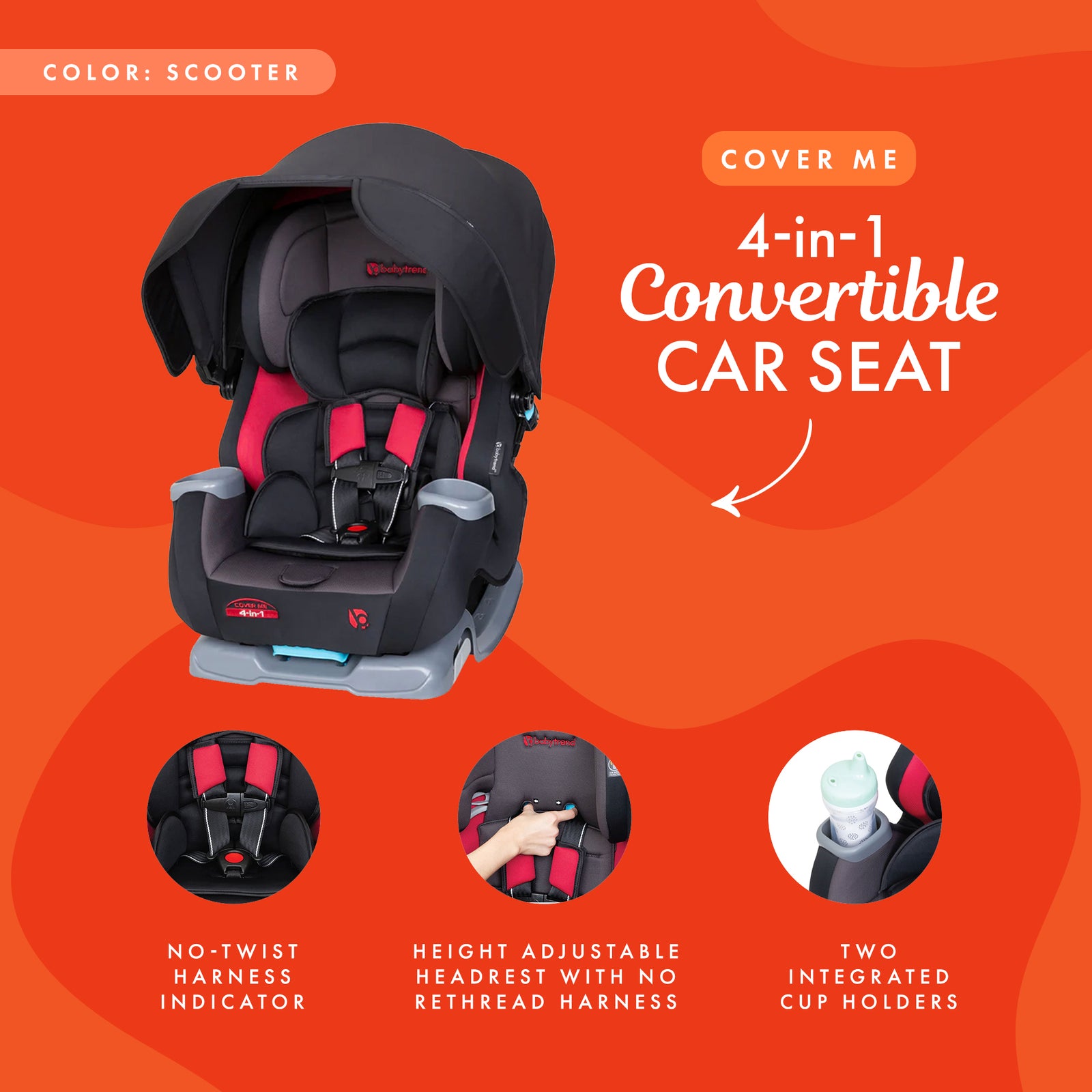 Baby Trend Cover Me 4 in 1 Convertible Car Seat w/ Canopy, Scooter (Black/Red) - VMInnovations