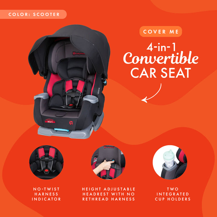 Baby Trend Cover Me 4 in 1 Convertible Car Seat w/ Canopy, Scooter (Black/Red)