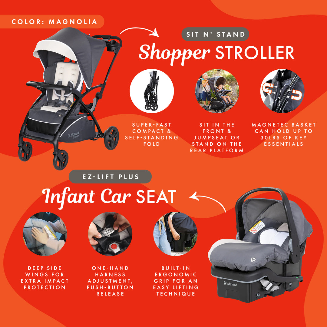 Baby Trend Sit N' Stand 5-in-1 Stroller & EZ-Lift Plus Infant Car Seat, Magnolia