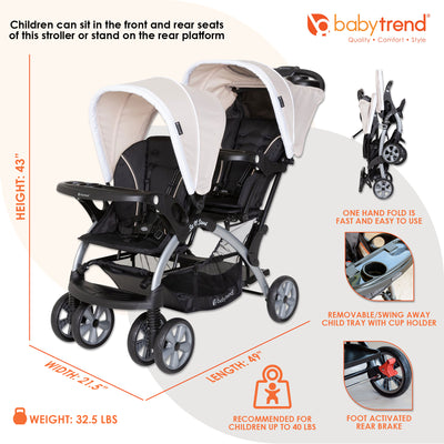 Baby Trend Sit N' Stand Easy Fold Travel Toddler & Baby Double Stroller, Khaki