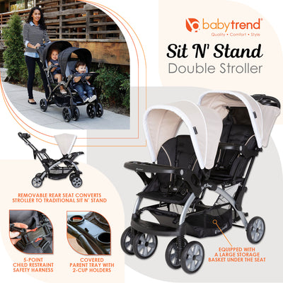 Baby Trend Sit N' Stand Easy Fold Travel Toddler & Baby Double Stroller, Khaki