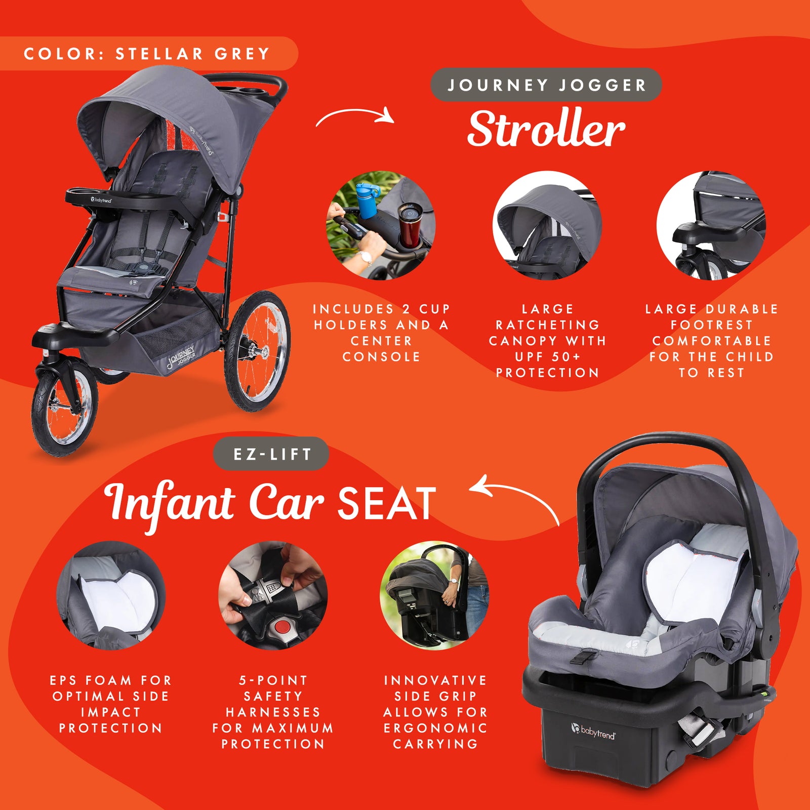Baby Trend Travel System, Stroller and Car Seat Combo, Journey Jogger, Grey - VMInnovations