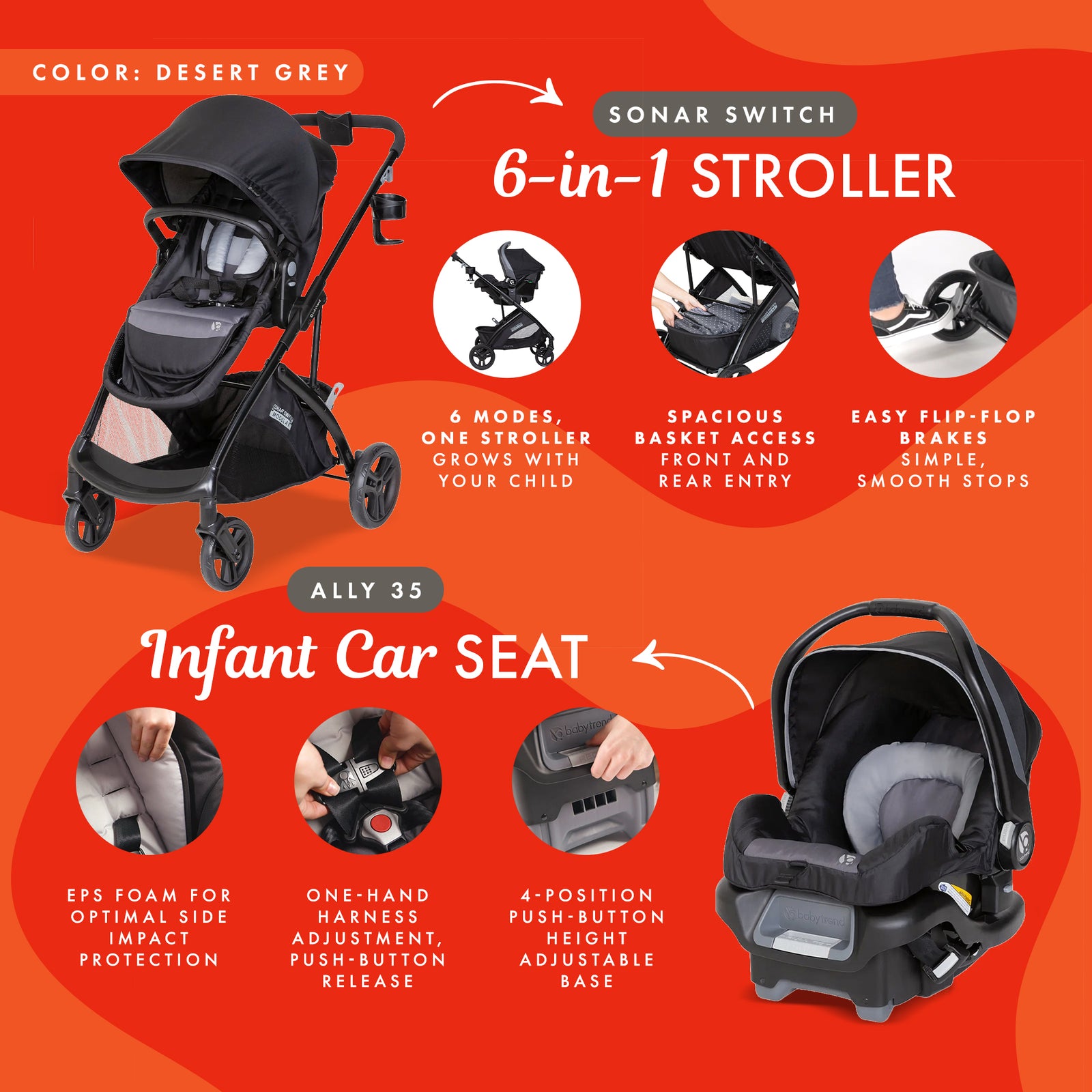 Baby Trend Modular Stroller Sonar Switch with Ally Infant Car Seat, Desert Grey - VMInnovations