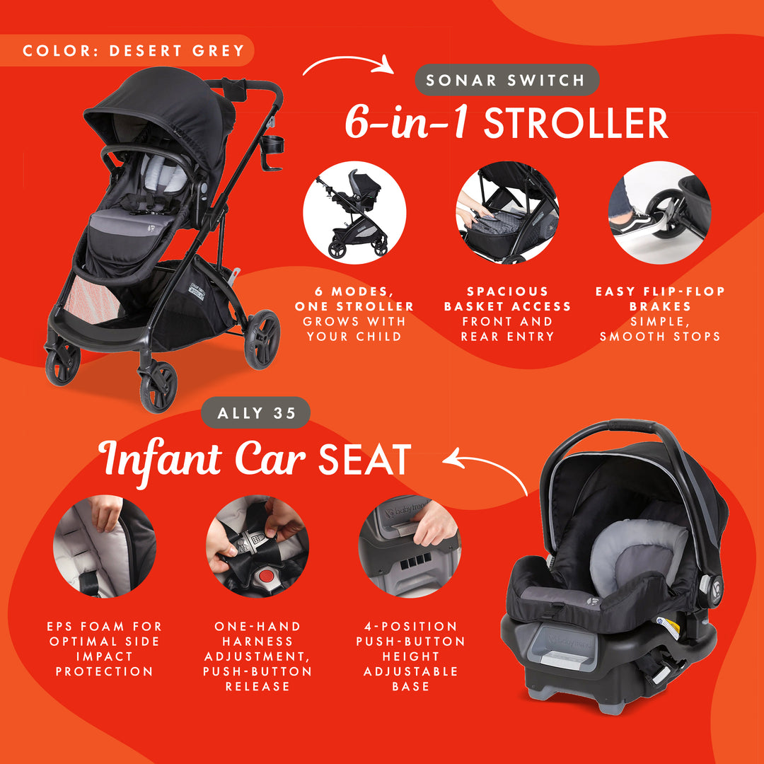Baby Trend Modular Stroller Sonar Switch w/Car Seat, Desert Grey (Open Box)