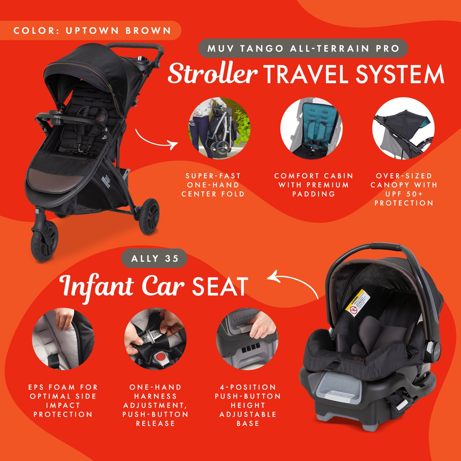 Baby Trend Tango Pro Stroller Travel System with Ally 35 Infant Car Seat, Brown - VMInnovations