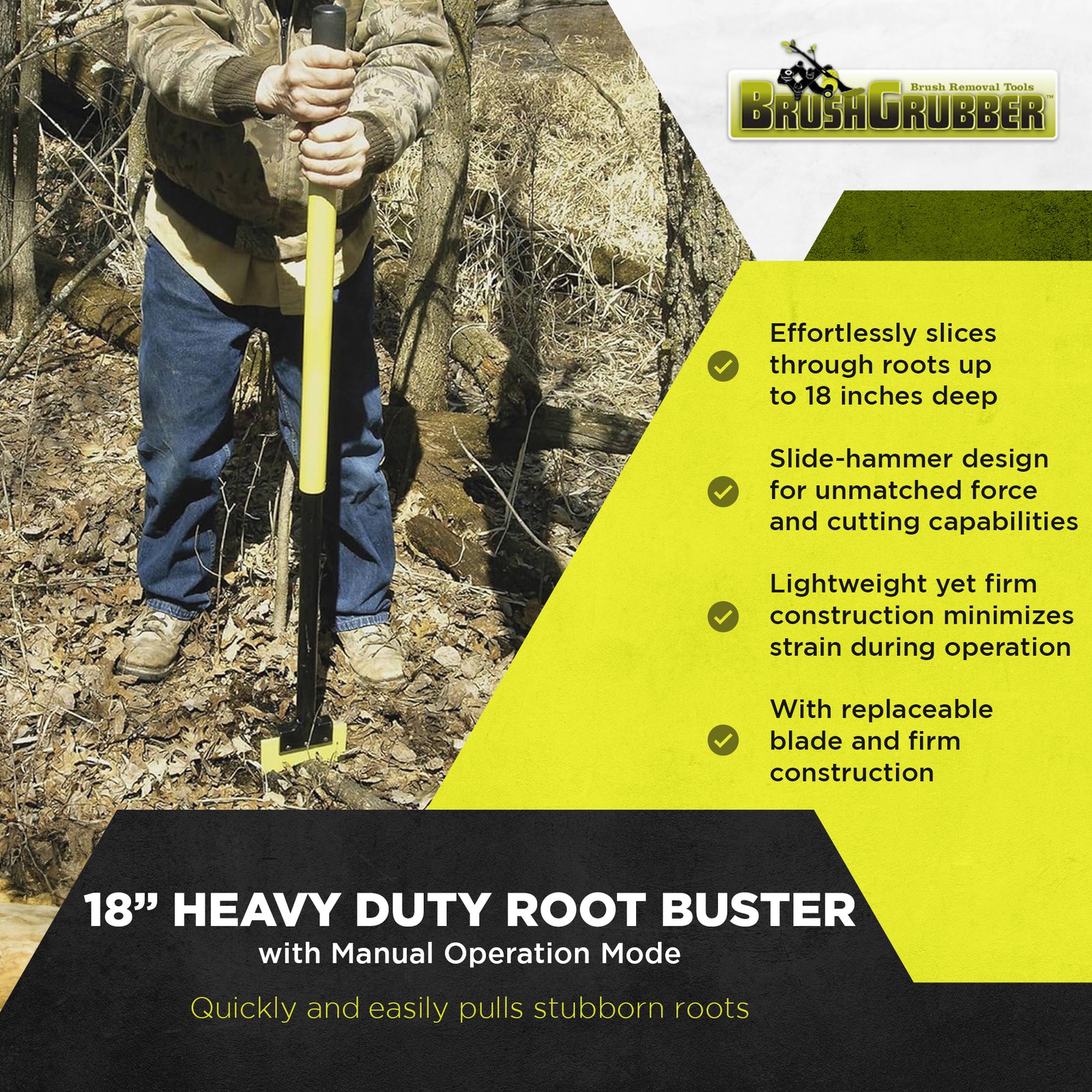 Brush Grubber 18 Inch Heavy Duty Root Buster with Manual Operation Mode, Green - VMInnovations