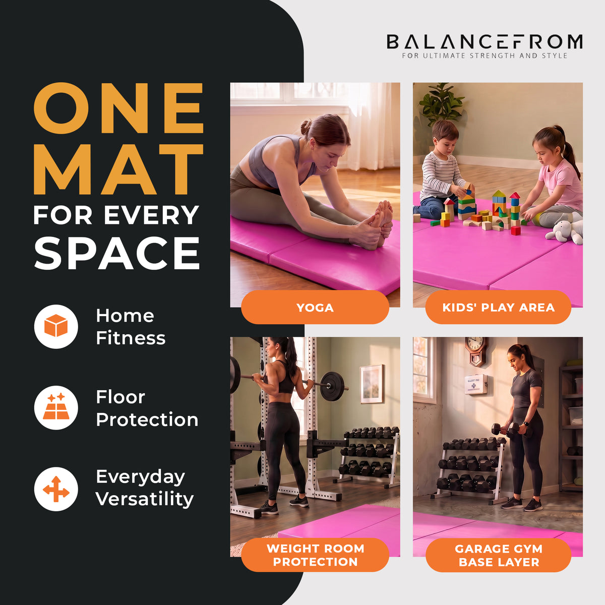 BalanceFrom Fitness GoGym 6'x2'x1.5" Folding 3 Panel Exercise Mat, Pink (Used)