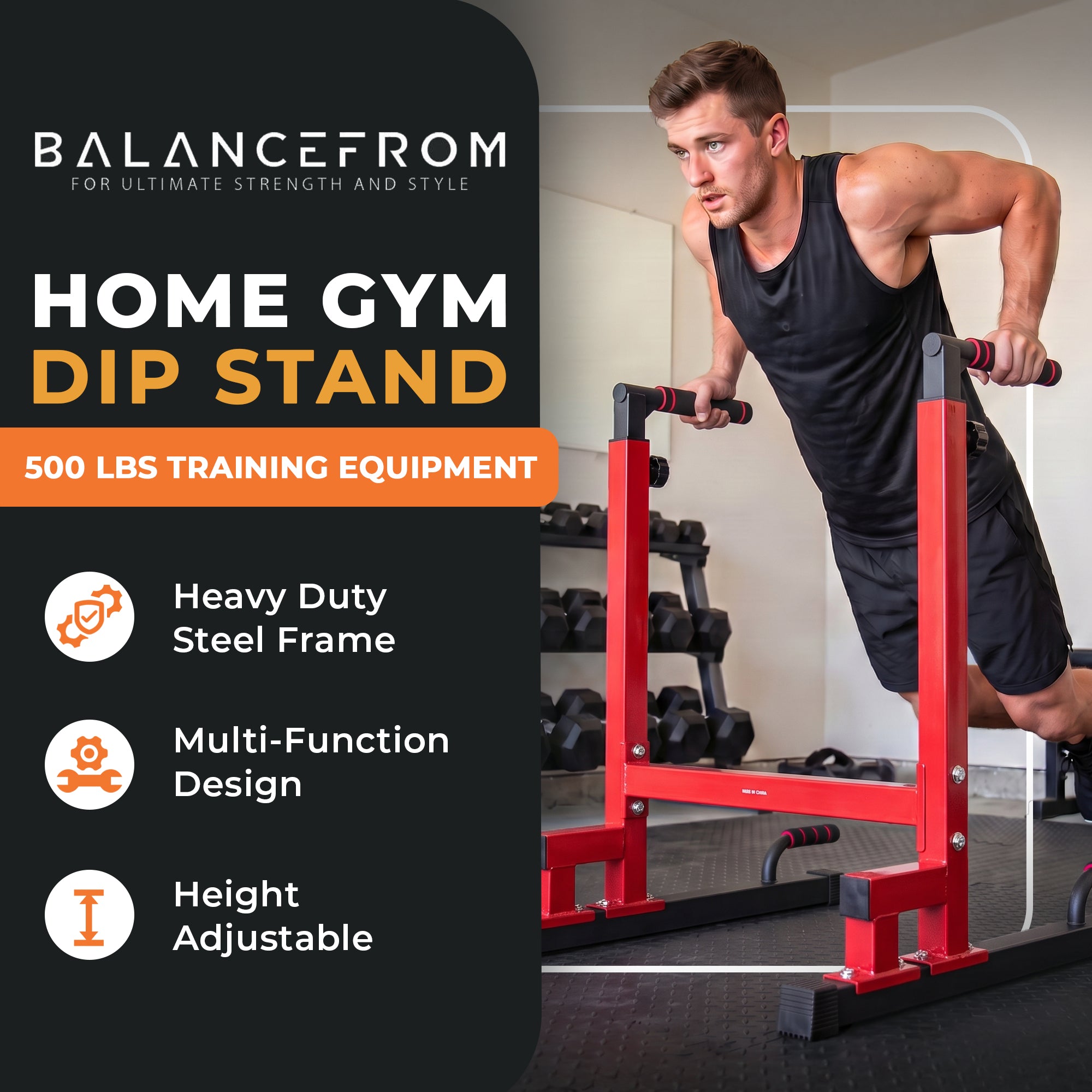 BalanceFrom Multi-Function Home Gym Exercise Dip Stand, 500lb Capacity, Red