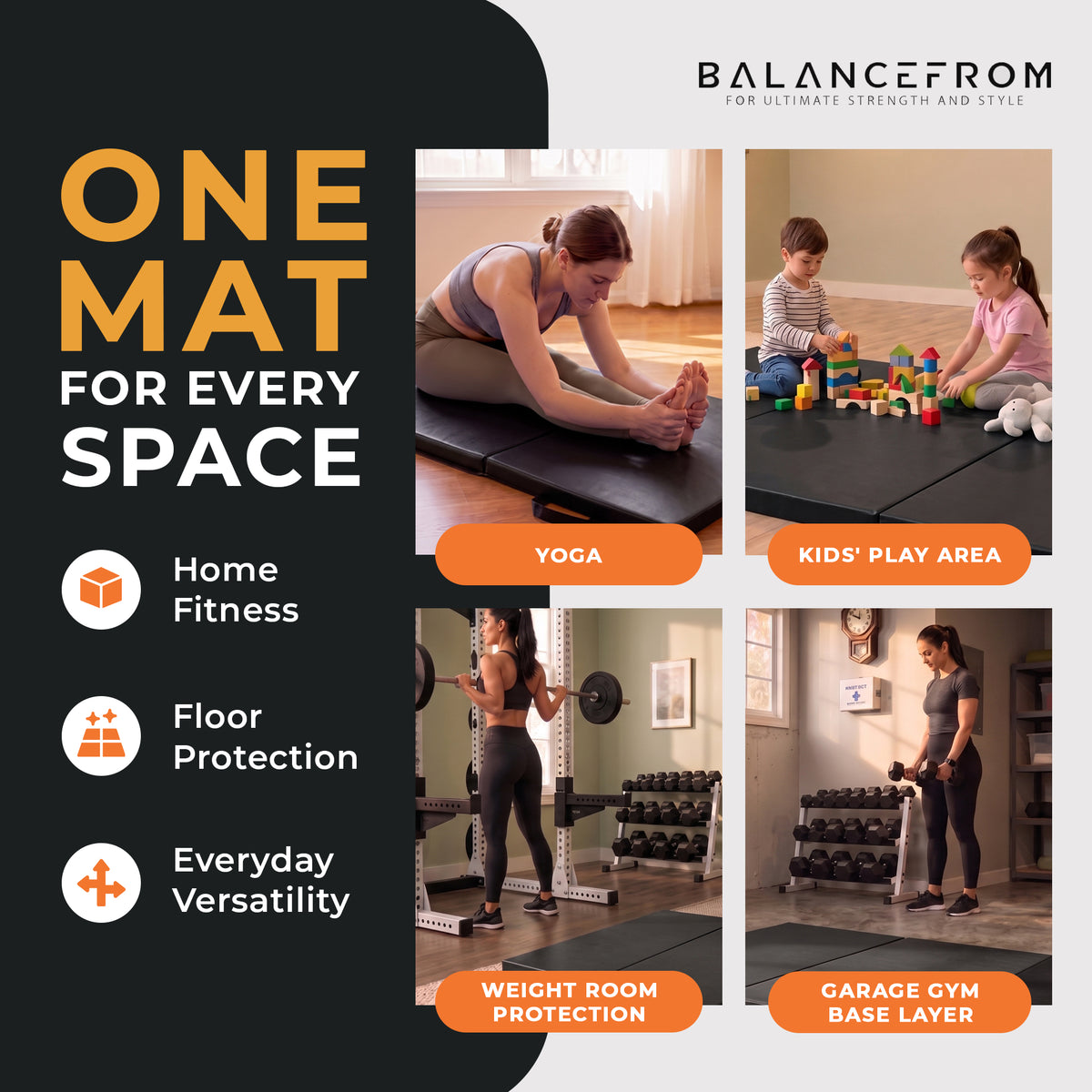 BalanceFrom Fitness GoGym 6x2ft Folding 3 Panel Exercise Mat, Black (2 Pack) - VMInnovations