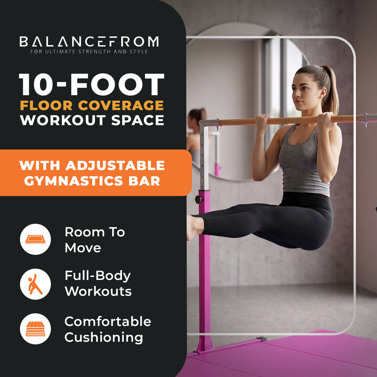 BalanceFrom Fitness 120 x 48 Inch Exercise Mat & Adjustable Gymnastics Bar, Pink