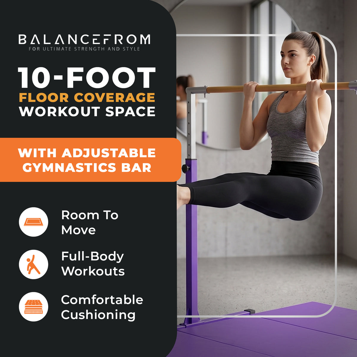 BalanceFrom Fitness 120" x 48" Exercise Mat & Adjustable Gymnastics Bar, Purple