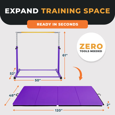 BalanceFrom Fitness 120" x 48" Exercise Mat & Adjustable Gymnastics Bar, Purple