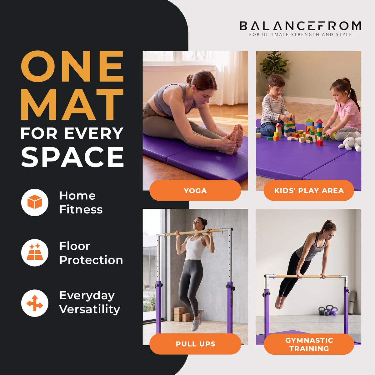 BalanceFrom Fitness 120" x 48" Exercise Mat & Adjustable Gymnastics Bar, Purple