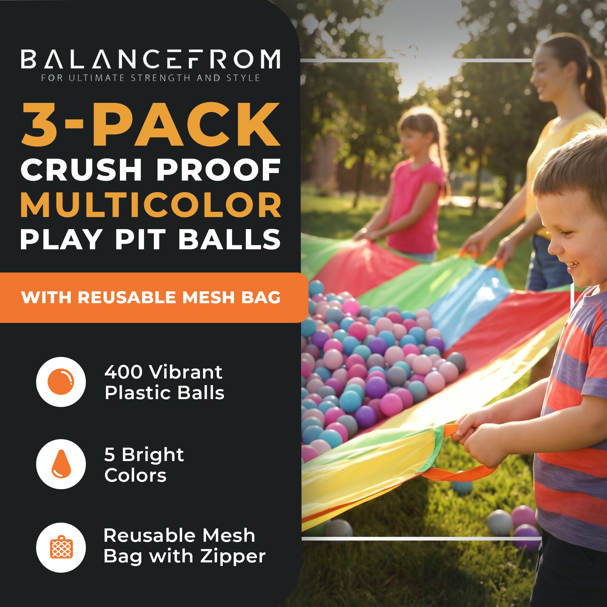 BalanceFrom Fitness 2.3" Crush Proof Play Pit Balls with Bag, 400 Count, 3 Pack